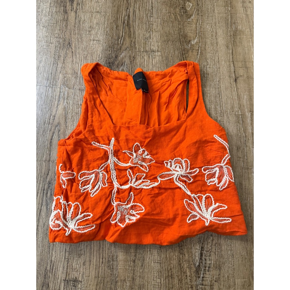 Alex Marie Orange Embroidered Linen Blend Crop Top Tank Square Neck Size M